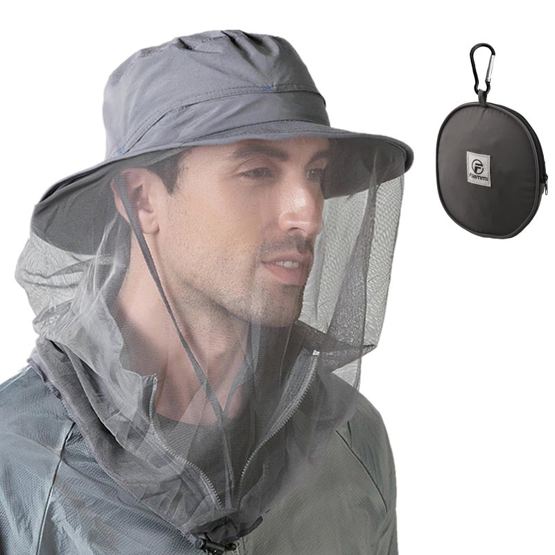 F Flammi Flammi Mosquito Head Net Hat Fishing Hat w/Head Net UPF 50+ Sun Protection Safari Boonie Hat Cap Outdoor for Men/Women (Black) - Image 1